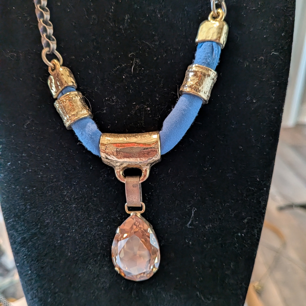 Gold-Tone Necklace with Blue Fabric and Champagne Teardrop Pendant